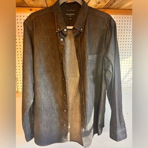 Long sleeve, black denim, casual dress shirt, size large.